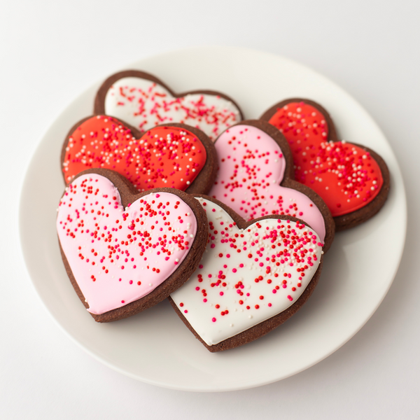 Chocolate heart-shaped Valentine's Day sugar cookies with red, pink and white royal icing and sprinkles