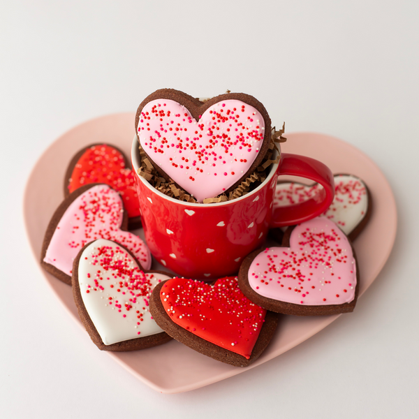 Chocolate heart-shaped Valentine's Day sugar cookies with red, pink and white royal icing and sprinkles