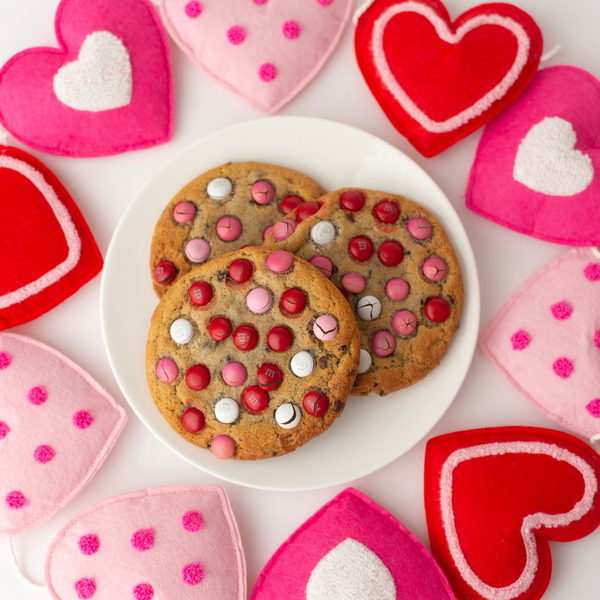 Jumbo Chocolate Chip cookies with Valentine's M&Ms