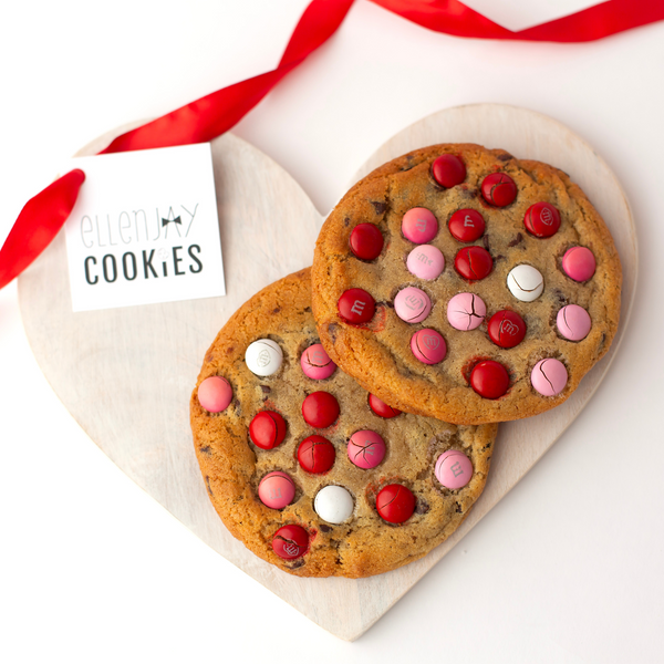 Jumbo Chocolate Chip cookies with Valentine's M&Ms